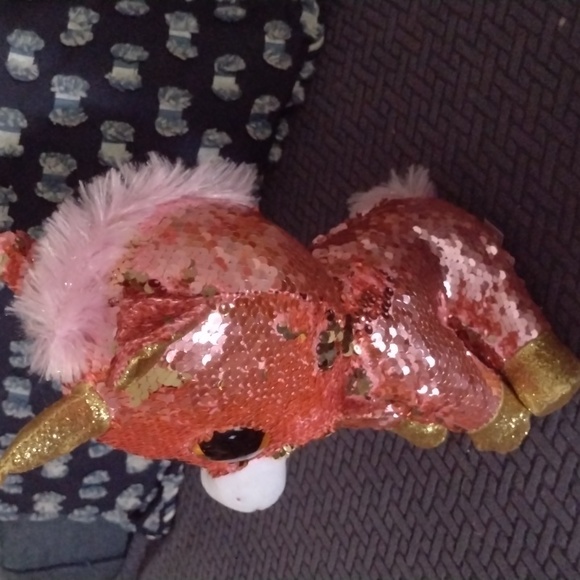 Sunset  Beanie Boo FLIPPABLES: SUNSET -Shiny Coral/Gold Sequined Unicorn 11" - Picture 2 of 6